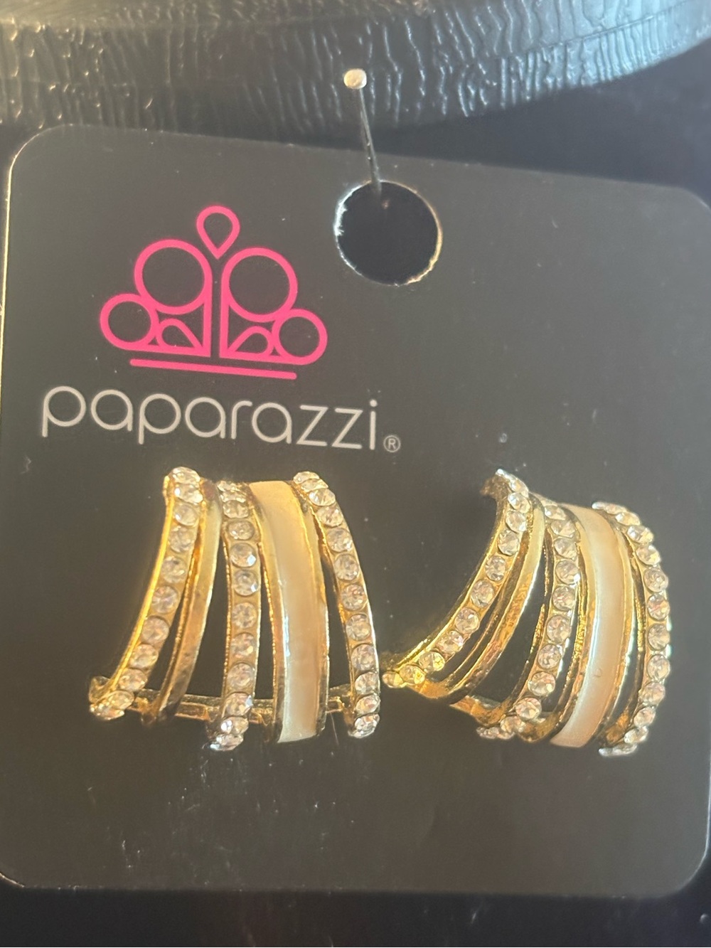 Paparazzi Gold tone and Cream Multi-Row Rhinestone Clip-On Earrings